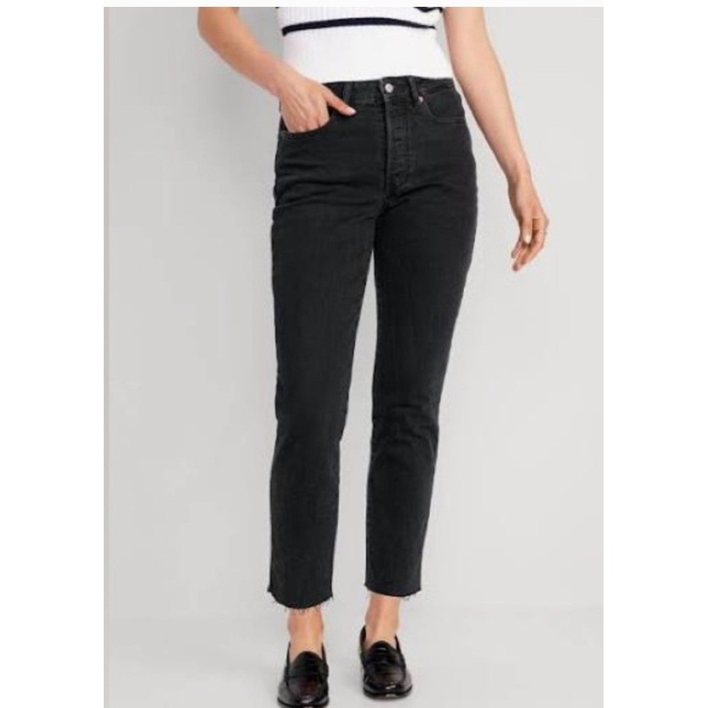 Old Navy Curvy High-Rise O.G. Straight Jeans Washed Black Raw Hem Size 14